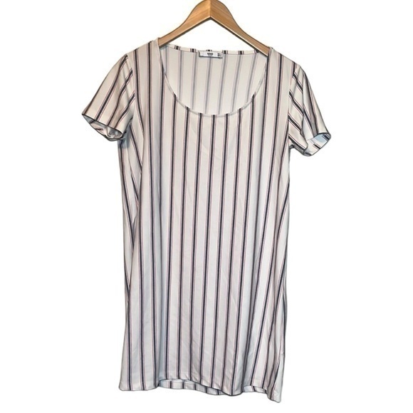 Mango Tops - MNG Basics short sleeve tunic shirt, white with red/blue stripes, womens size 6
